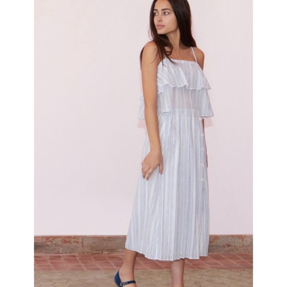 Avec Les Filles Carina White Blue Stripe Side Button Wrap Midi Skirt M - Picture 3 of 9